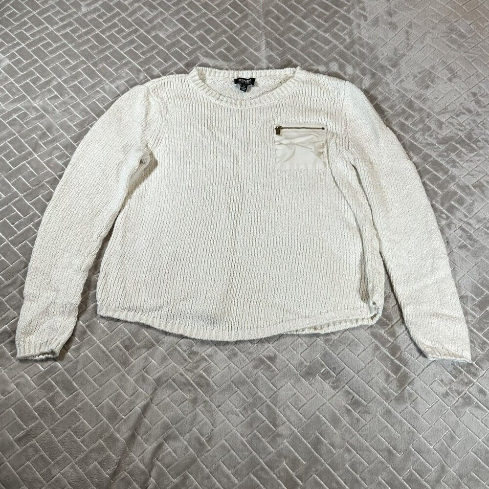 Jones New York Womens Small Sweater White Crew Neck Zippered Pocket Detail